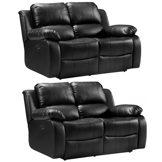Two black leather recliner sofas on a white background