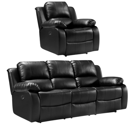 Black leather recliner chair and sofa set on a white background