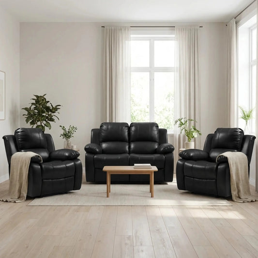 Valencia Black Leather Manual Recliner 2+1+1 Sofa Set