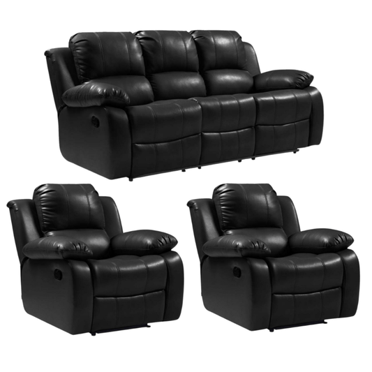 Valencia Black Leather Manual Recliner 3+1+1 Seater Sofa Set - Furniture Instore