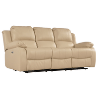 Beige leather sofa with reclining feature on a white background