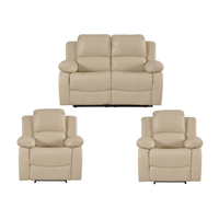 Beige sofa set with two recliner chairs on a white background