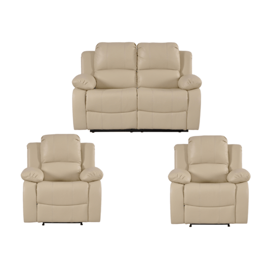 Beige sofa set with two recliner chairs on a white background