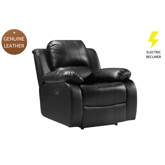 Black leather recliner chair with 'Genuine Leather' and 'Electric Recliner' labels on a white background