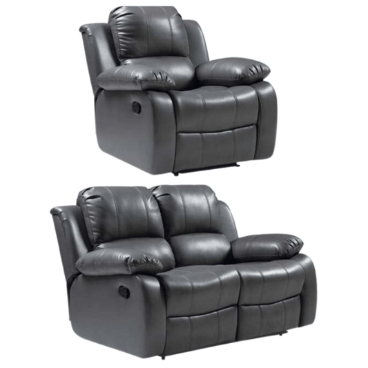 Two gray recliner chairs on a white background