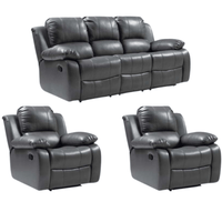 Gray leather sofa set with two matching recliners on a white background