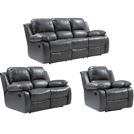Gray leather reclining sofa set on a white background