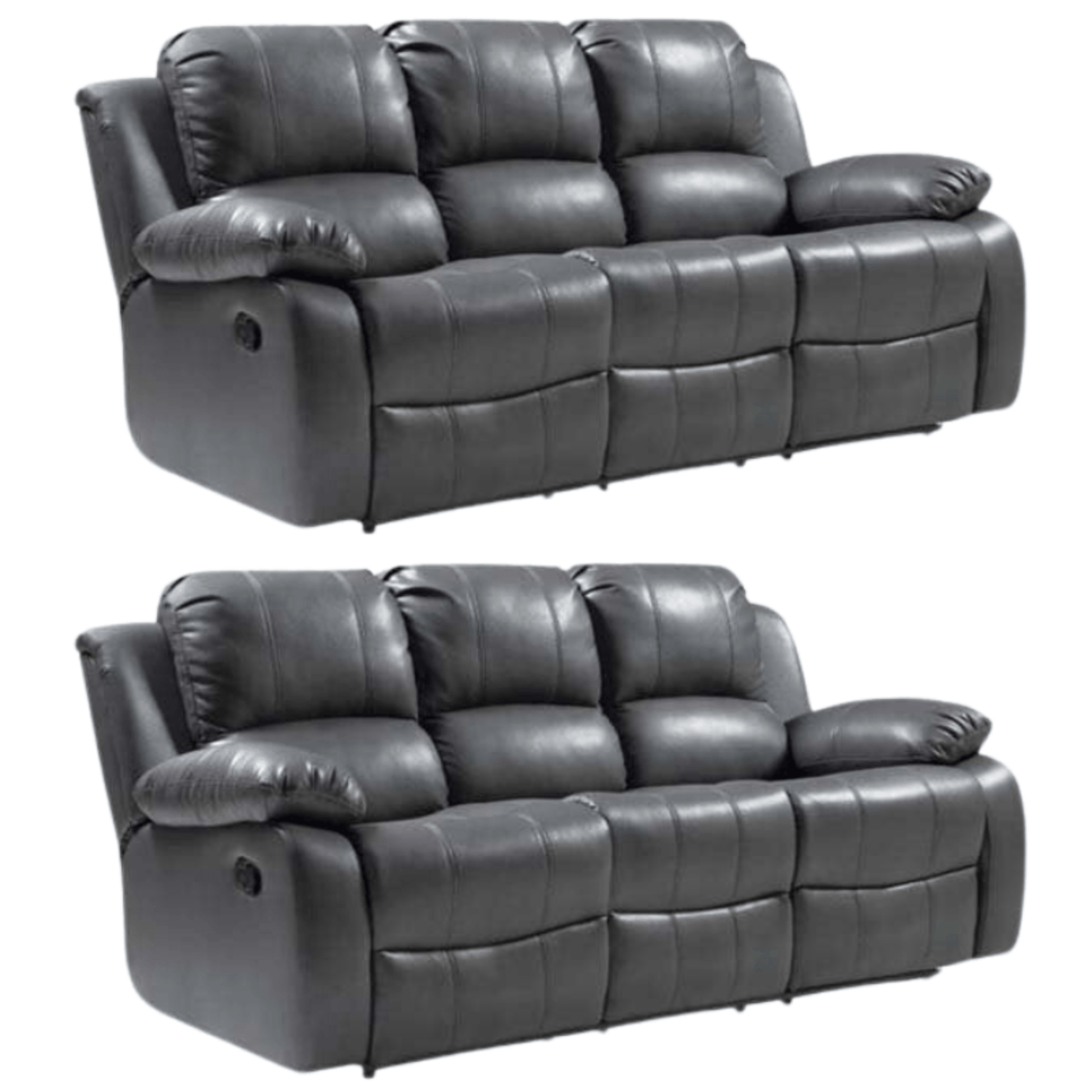 Two gray reclining sofas on a white background