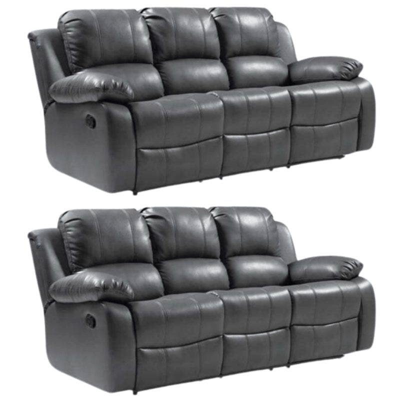 Two gray reclining sofas on a white background