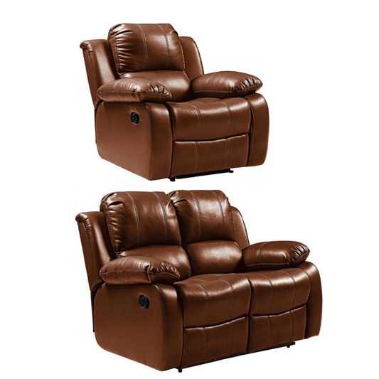 Brown leather recliner chair and loveseat set on a white background
