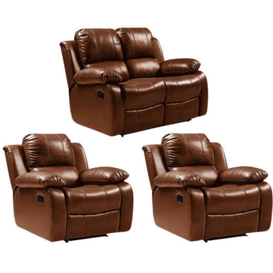 Brown leather recliner sofa set on a white background