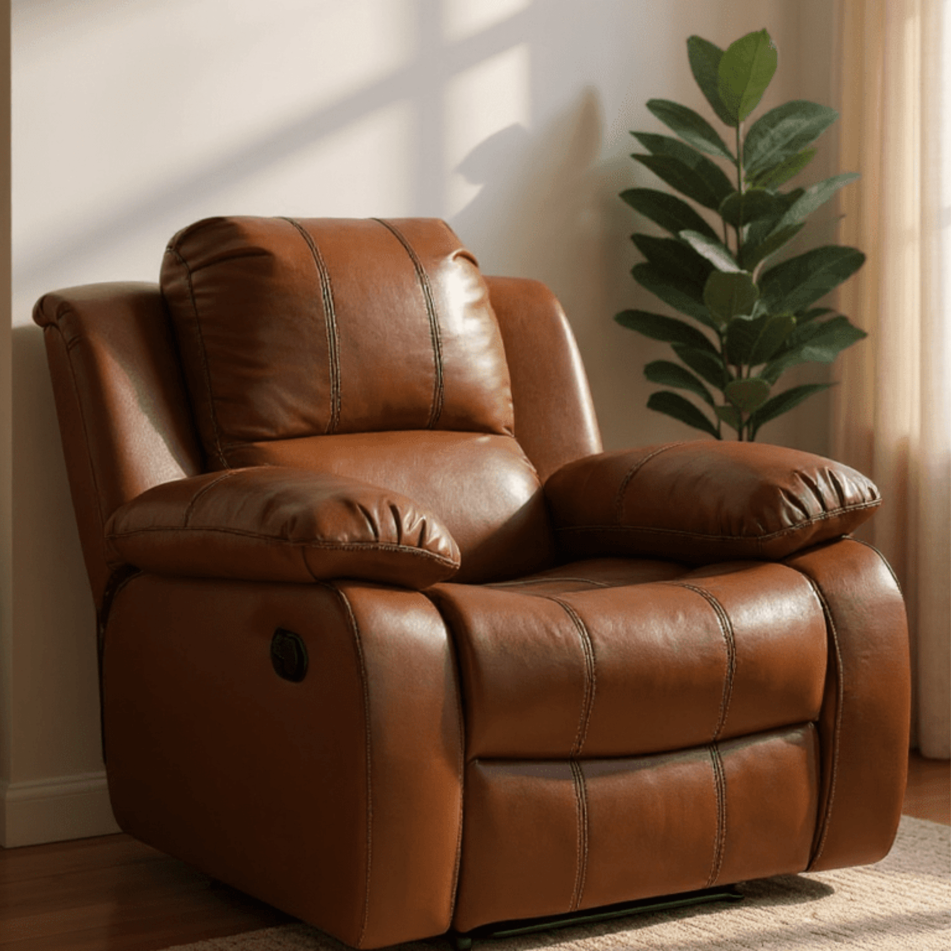 Brown leather recliner chair in a room with a plant and light-colored walls.