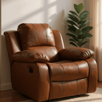 Brown leather recliner chair in a room with a plant and light-colored walls.
