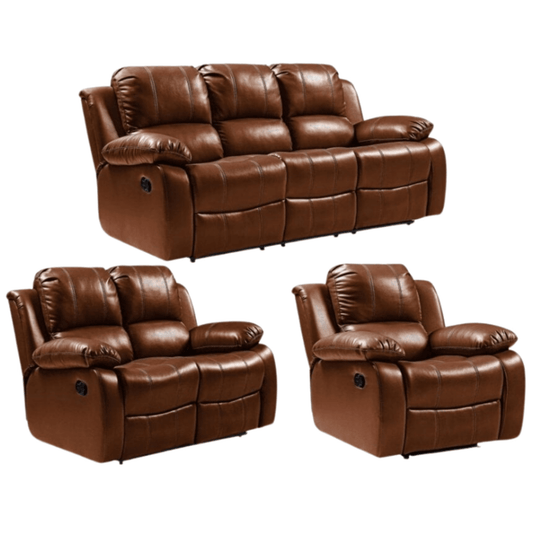 Brown leather reclining sofa set on a white background