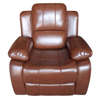 A brown faux leather recliner armchair with padded armrests and a segmented backrest, shown against a plain white background.