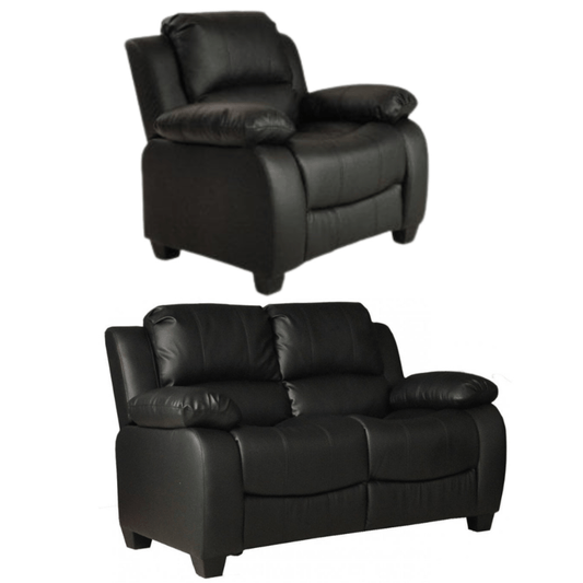 Black leather recliner chair and loveseat on a white background