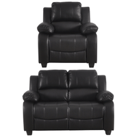 Black leather recliner chair and loveseat set on a white background
