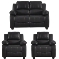 Black leather sofa set with two armchairs on a white background