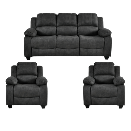 Valerie Charcoal 3 seater sofa and two single chair in living room.