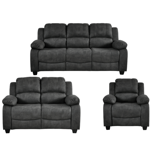 Valerie Charcoal fabric 3 Seater sofa  with two chairs on white back ground