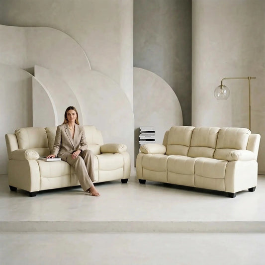 Valerie Cream Leather Modern 3+3 Seater Sofa Set - Furniture Instore