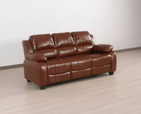 Three-quarter angled view of the tan Leather-Aire sofa from the left side in a studio setting.