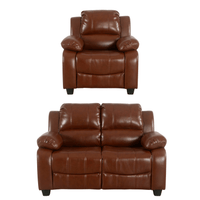 Brown leather recliner chair and loveseat set on a white background