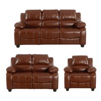 Valerie sofa Tan eather sofa set with two recliners on a white background