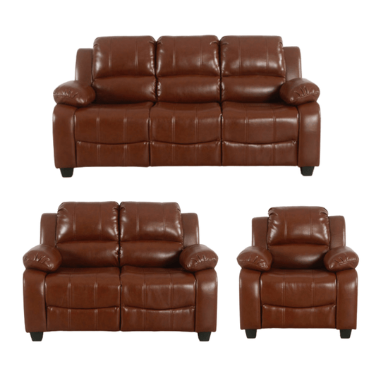 Valerie sofa Tan eather sofa set with two recliners on a white background