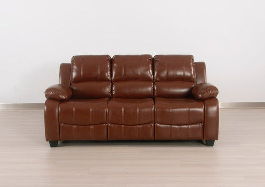 Full front view of the tan leather-Aire 3-seater sofa on a light wood floor.