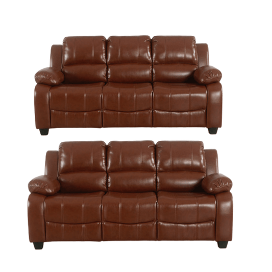 Two brown leather recliner sofas on a white background