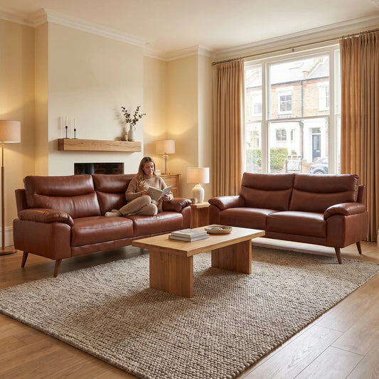 Vantage Genuine Leather Tan 3+3 Seater Sofa Set - Furniture Instore