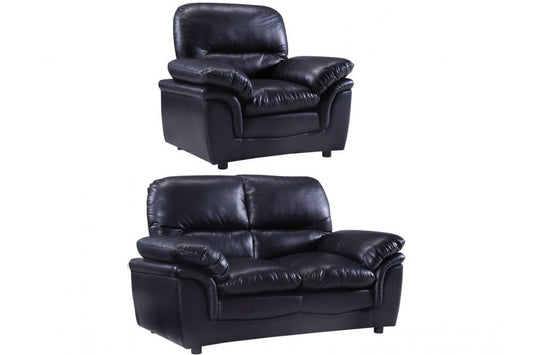 Verona Black leather armchair and sofa set on a white background