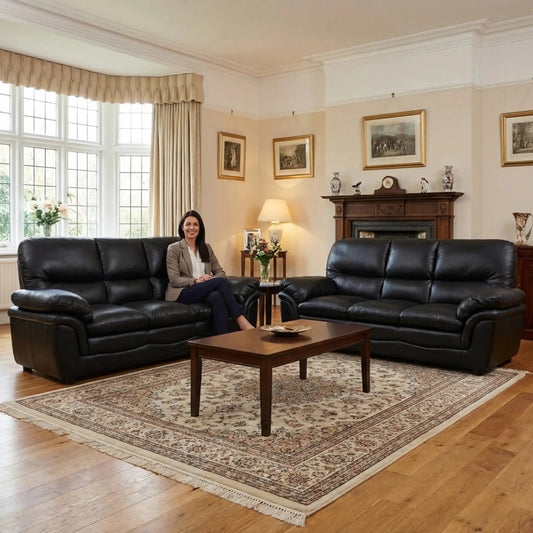 Verona Black Leather 3+3 Seater Sofa Set Collection - Furniture Instore