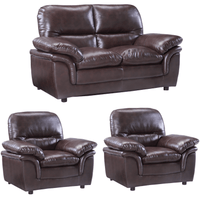 Brown leather sofa set with two matching armchairs on a white background