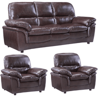 Brown leather sofa set with two matching armchairs on a white background