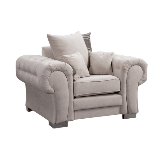 Verona scatter back grey armchair displayed at an angled view on a plain white background, showing full chair design.