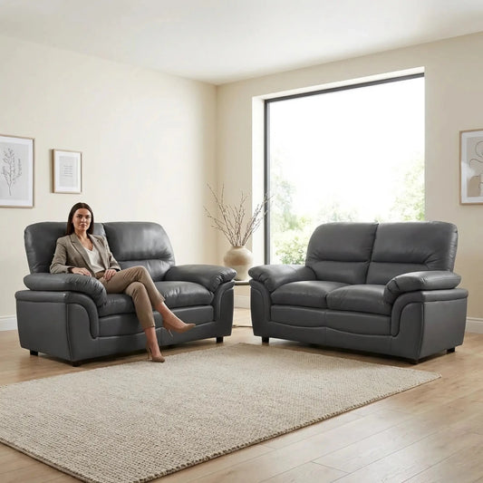 Verona Grey Leather 2+2 Seater Sofa Set – Modern, Compact & Comfortable - Furniture Instore