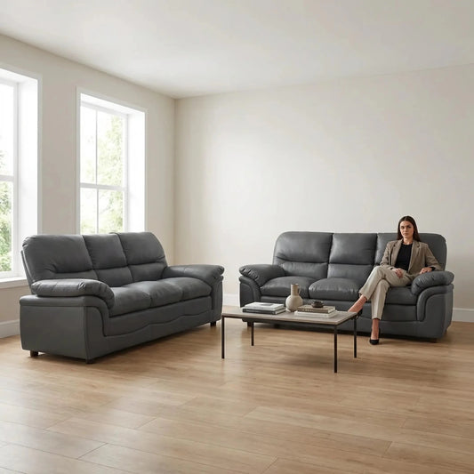 Verona Grey Leather 3+3 Seater Sofa Set – Spacious, Stylish & Made for Comfort - Furniture Instore