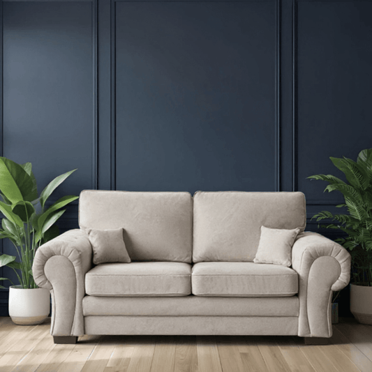 Verona high back cream fabric 3 seater sofa, front facing in a modern living room set