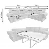 White sectional sofa with dimensions labeled on a white background
