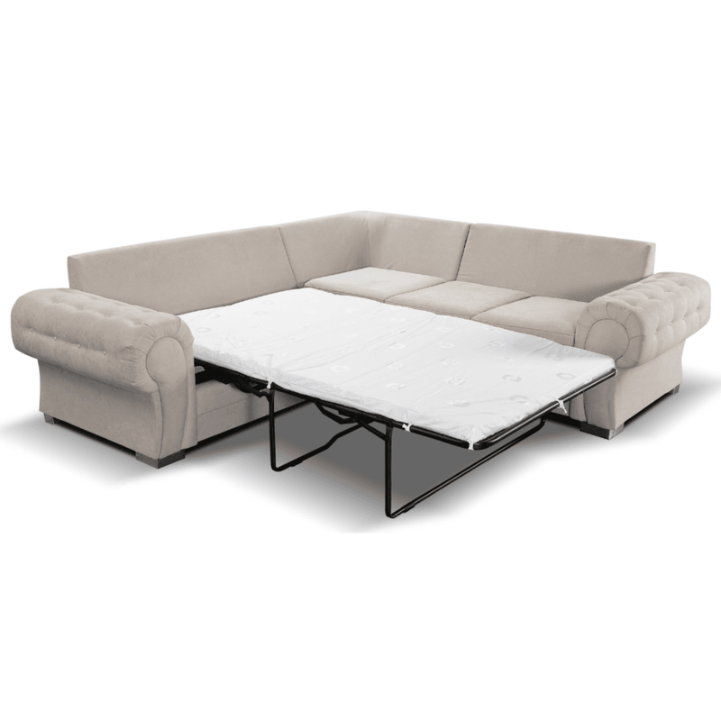 Beige sectional sofa with pull-out bed on a white background