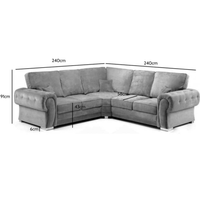 Gray sectional sofa with dimensions marked on a white background