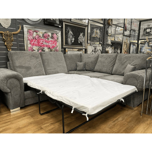 verona grey fabric corner sofa opened