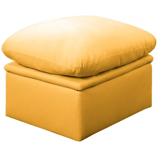 Yellow ottoman with cushion on a white background