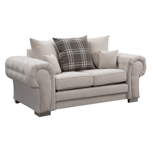 Verona scatter back grey 2 seater sofa displayed at an angled view on a plain white background, showing full sofa design.