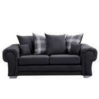 Verona scatter back black 3 seater sofa displayed front facing on a plain white background, showing full sofa design.