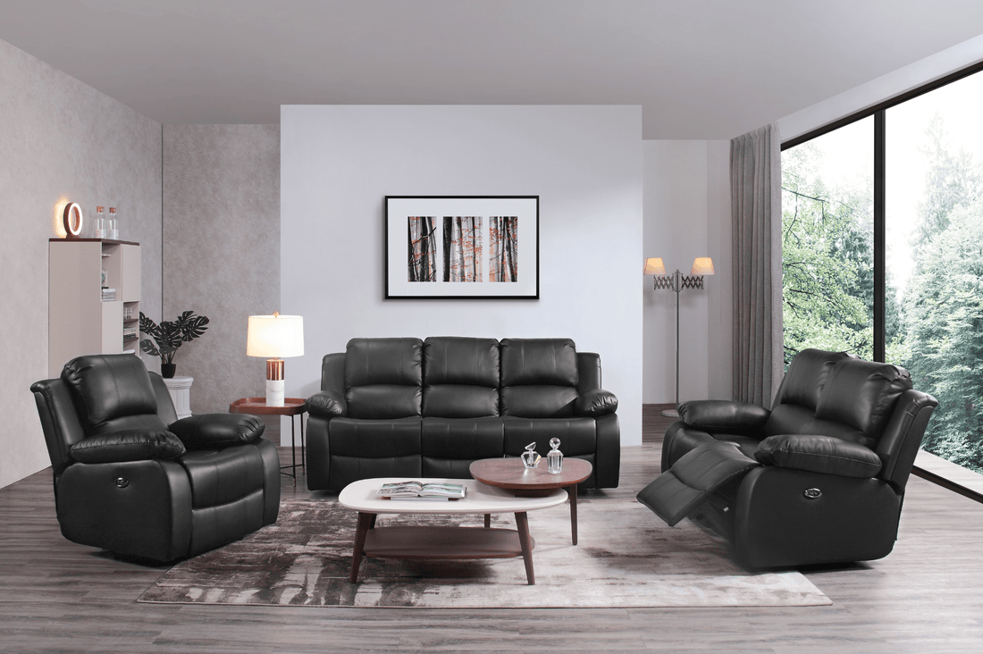 3+2+1 Seater Black Electric  genuine leather sofa set in  a bright room set with big windows 
