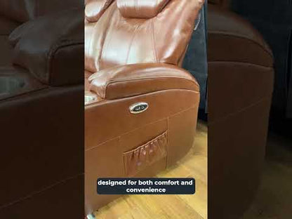 Cinema Tan Electric Leather 3 Seater Recliner Sofa With Two Cup Holders