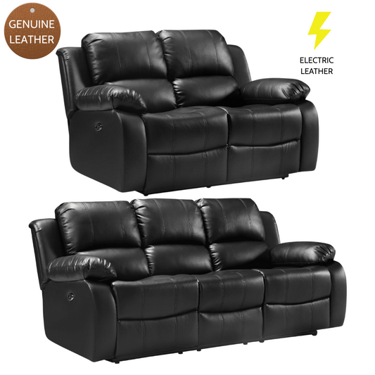 3+2 black leather recliners with 'Genuine Leather' and 'Electric Leather' labels on a white background.